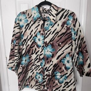 Chico’s Additions Blue Floral Animal mixed Print Women's Top 100% linen size 2